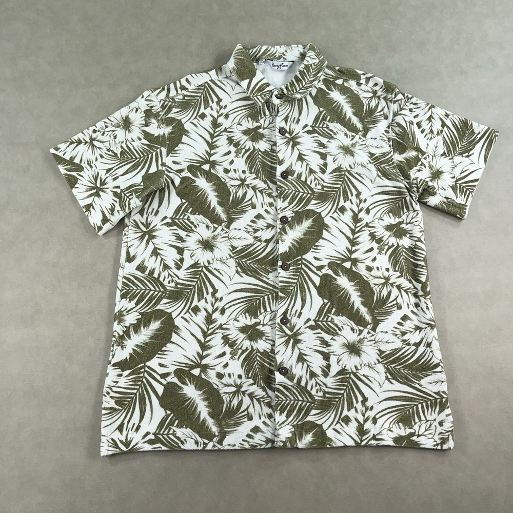 Kenny Flowers Shirt Mens XL Terry Cloth White Green Floral Organic Cotton